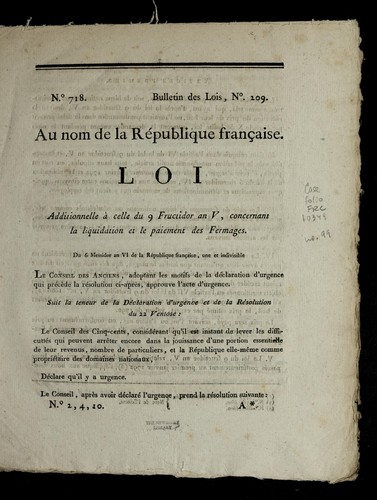 Loi additionnelle a   celle du 9 fructidor an V, concernant la liquidation et le paiement des fermages by France cover