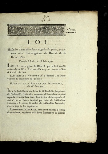 Loi relative a   une brochure argue e de faux, ayant pour titre, Interrogatoire de Roi & de la Reine & c. by France cover