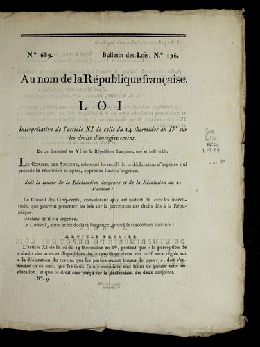 Loi interpretative de l'article XI de celle du 14 thermidor an IV sur les droits d'enregistrement by France cover