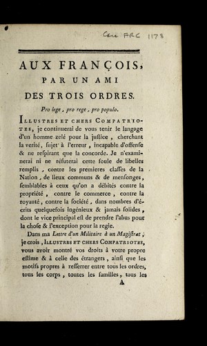 Aux Franc ʹois by Ami des Trois ordres cover