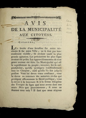 Avis de la municipalite  aux citoyens by Avignon (France) cover