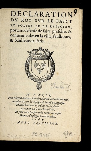 Declaration du roy sur le faict et police de la religion by France cover
