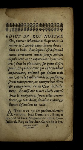 Edict dv Roy nostre sire, pour les marchands frequentans la riuiere de Loire & autres fleuues descendans en icelle by France cover