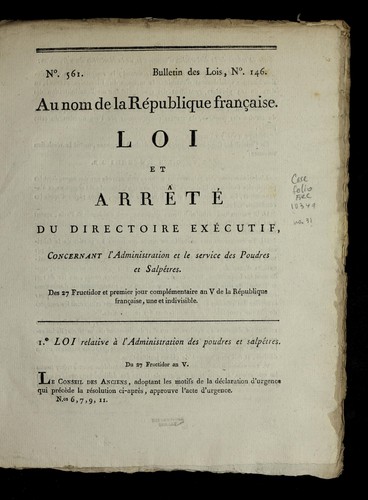 Loi et arre te  du Directoire exe cutif, concernant l'administration et le service des poudres et salpe tres by France cover