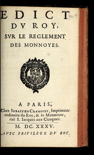 Edict du roy, sur le reglement des monnoyes by France cover