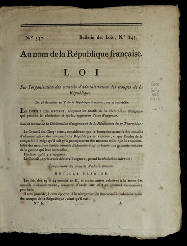 Loi sur l'organisation des conseils d'administration des troupes de la Re publique by France cover