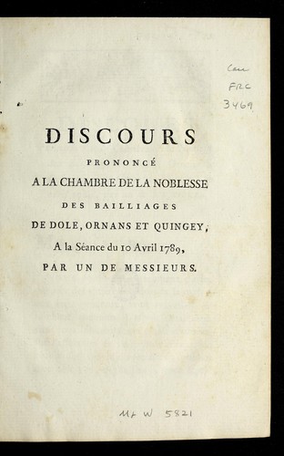 Discours prononce  a la chambre de la noblesse des bailliages de Dole, Ornans et Quingey by Dole (France) cover
