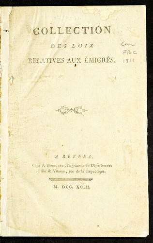 Collection des loix relatives aux e migre s. by France cover