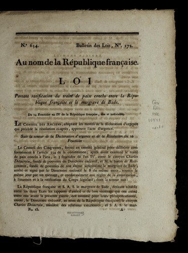 Loi portant ratification du traite  de paix conclu entre la Re publique franc ʹaise et le margrave de Bade by France cover