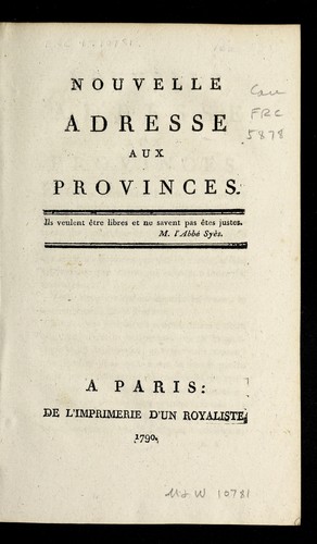 Nouvelle adresse aux provinces by France. Provinces cover