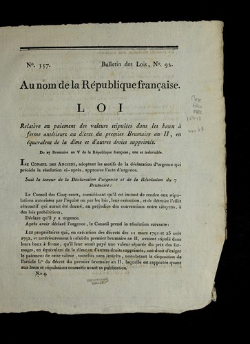 Loi relative au paiement des valeurs stipule es dans les baux a   ferme ante rieurs au de cret du premier brumaire an II, en e quivalent de la di me et d'autres droits supprime s by France cover