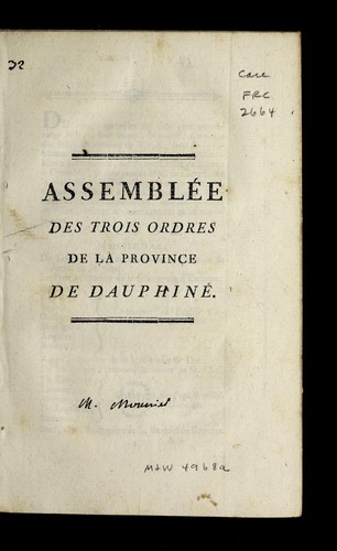 Assemble e des trois ordres de la province de Dauphine . by Dauphine  (France) cover