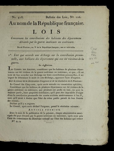 Lois concernant les contributions des habitans des de partemens de vaste s par la guerre inte rieure ou exte rieure