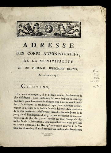 Adresse des corps administratifs de la municipalite  et du tribunal judiciaire re unis by Toulouse (France) cover