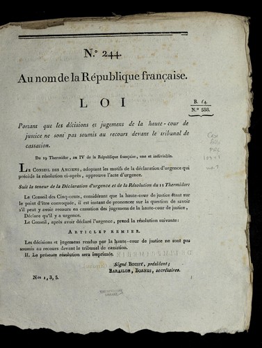 Loi portant que les de cisions et jugemens de la haute-cour de justice ne sont pas soumis au recours devant le tribunal de cassation by France cover