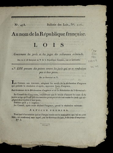 Lois concernant les jure s et les juges des tribunaux criminels