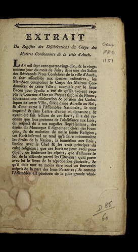 Extrait du registre des de libe rations du Corps des mai tres cordonniers de la ville d'Auch by Auch (France) cover