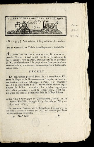 ... (N.o 1344.) Loi relative a   l'organisation des cultes by France cover