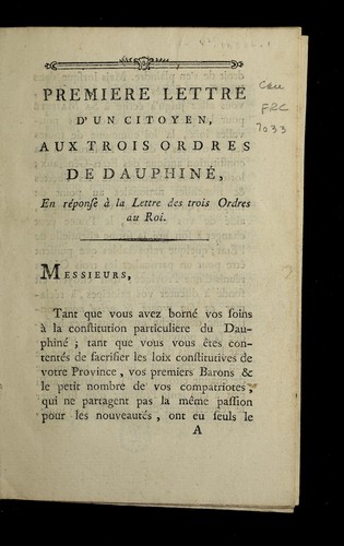 Premiere lettre d'un citoyen by Dauphine  (France) cover