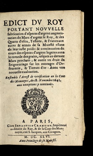 Edict dv Roy portant novvelle fabrication d'especes d'argent by France cover
