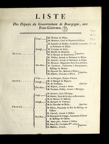 Liste des de pute s du gouvernement de Bourgogne, aux Etats- ge ne raux by Burgundy (France) cover