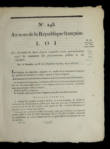 Loi qui de termine les bases d'apre  s lesquelles seront provisoirement paye s les traitemens des fonctionnaires publics et des employe s by France cover