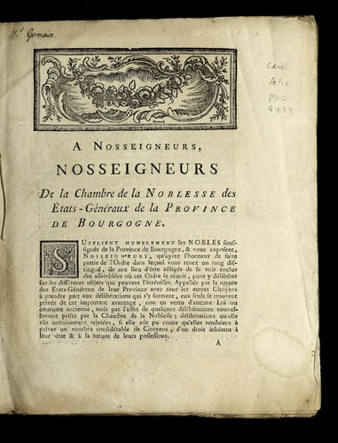 A Nosseigneurs, Nosseigneurs de la chambre de la noblesse des E tats-ge ne ral de la province de Bourgogne by Burgundy (France) cover