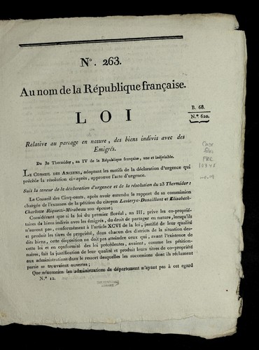 Loi relative au partage en nature, des biens indivis avec des emigre s by France cover
