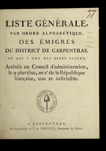 Liste ge ne rale par ordre alphabe tique, des e migre s du district de Carpentras, ou qui y ont des biens situe s by Carpentras (France) cover