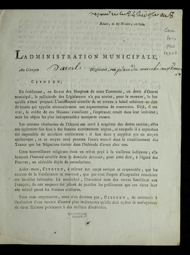 L'administration municipale, au citoyen [blank] ne gociant, rue [blank] by Rouen (France) cover