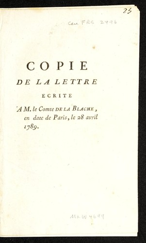Copie de la lettre ecrite a M. le Comte de La Blache by Dauphine  (France) cover