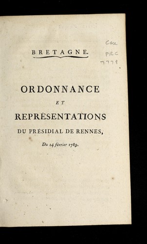 ... Ordonnance et repre sentations by Rennes (France) cover