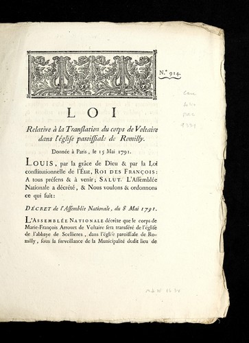 Loi relative `a la translation du corps de Voltaire dans l'E glise paroissiale de Romilly by France cover