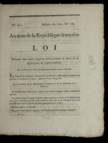 Loi relative aux rentes viage  res cre e es pendant la dure e de la de pre ciation du papier-monnaie by France cover