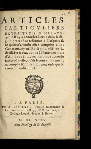 Articles particuliers extraits des generaux, que le roy a accordez a   ceux de la religion pretendue  reforme e by France cover