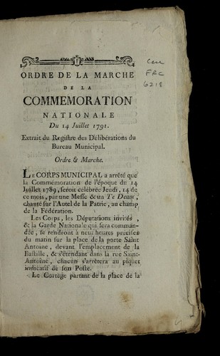 Ordre de la marche de la commemoration nationale du 14 juillet 1791 by Paris (France) cover
