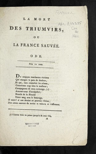 La mort des triumvirs, ou, La France sauve e by Bertrand Ferrand cover