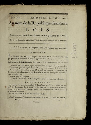 Lois relatives au service des douanes et aux pensions de retraite by France cover