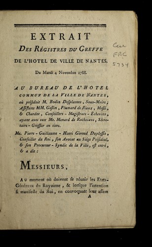 Extrait des re gistres by Nantes (France) cover