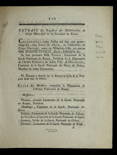 Extrait des registres des de libe rations du corps municipal de la commune de Rouen