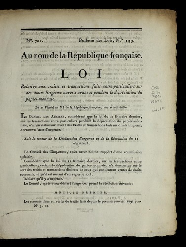 Loi relative aux traite s et transactions faits entre particuliers sur des droits litigieux ouverts avant et pendant la de pre ciation du papier-monnaie by France cover