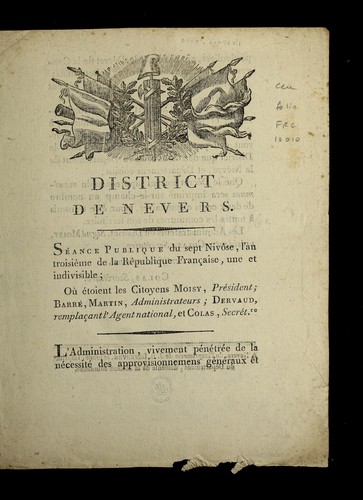 ... Se ance publique du sept niv^ose, l'an troisi`eme de la Re publique franc ʹaise, une et indivisible [27 de cembre 1794] by Nevers (France) cover