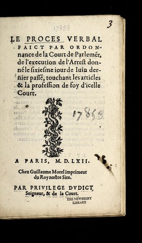 Le proces verbal faict par ordonnance de la court de Parleme t by France cover