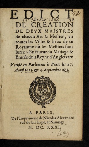 Edict de creation de devx maistres de chacun art & mestier by France cover