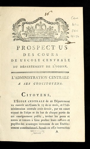Prospectus des cours de l'E cole centrale du de partement de l'Yonne by Yonne (France) cover