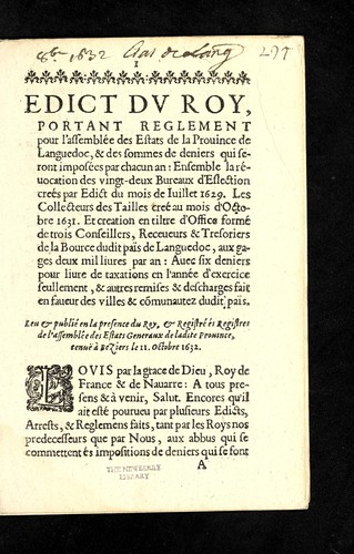 Edict dv Roy, portant reglement pour l'assemble e des Estats de la prouince de Languedoc ... by France cover