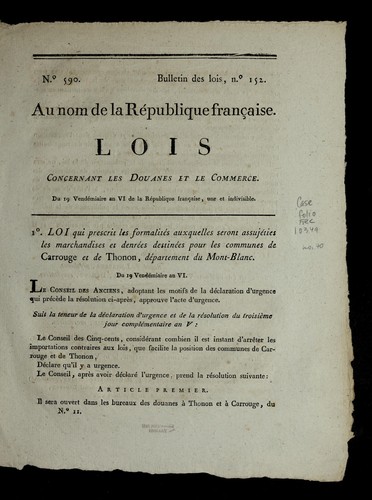 Lois concernant les douanes et le commerce by France cover