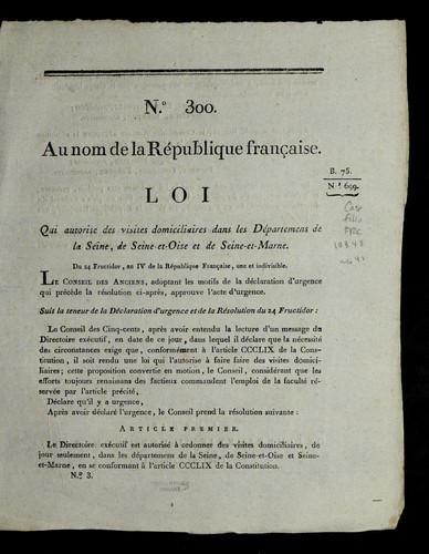 Loi qui autorise des visites domiciliaires dans les de partemens de la Seine, de Seine-et-Oise et de Seine-et-Marne by France cover