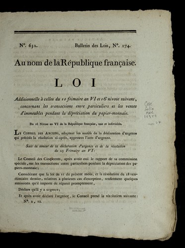 Loi additionnelle a   celles du 11 frimaire an VI et 16 nivose suivant, concernant les transactions entre particuliers et les ventes d'immeubles pendant la de pre ciation du papier-monnaie by France cover
