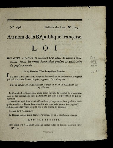 Loi relative a   l'action en rescision pour cause de le sion d'outremoitie , contre les ventes d'immeubles pendant la de pre ciation du papier-monnaie by France cover
